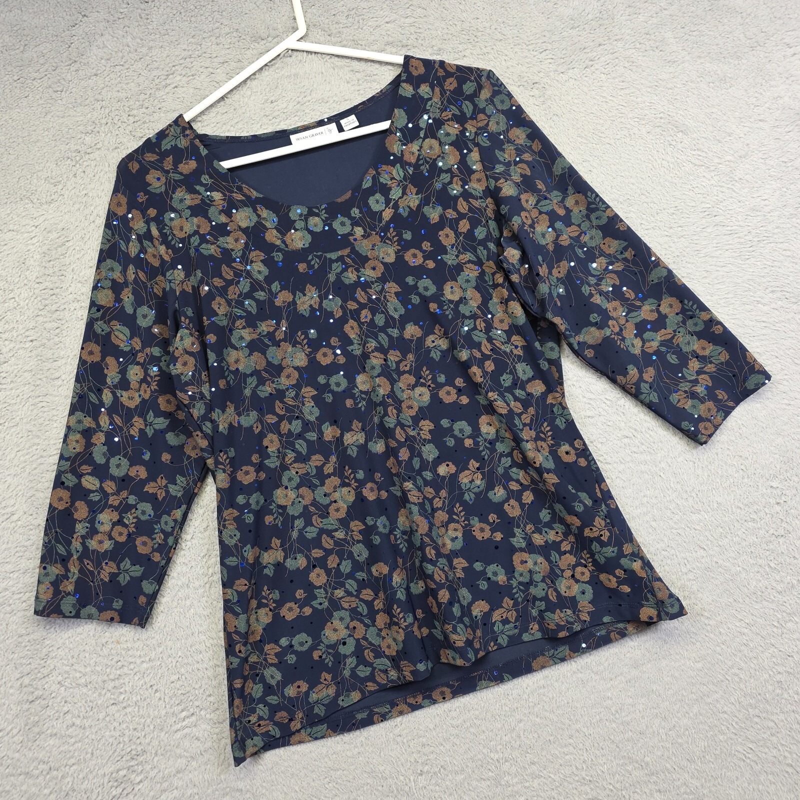 Susan Graver Top Womens S Navy Ditsy Floral Sequin Cottagecore Elegant Boho